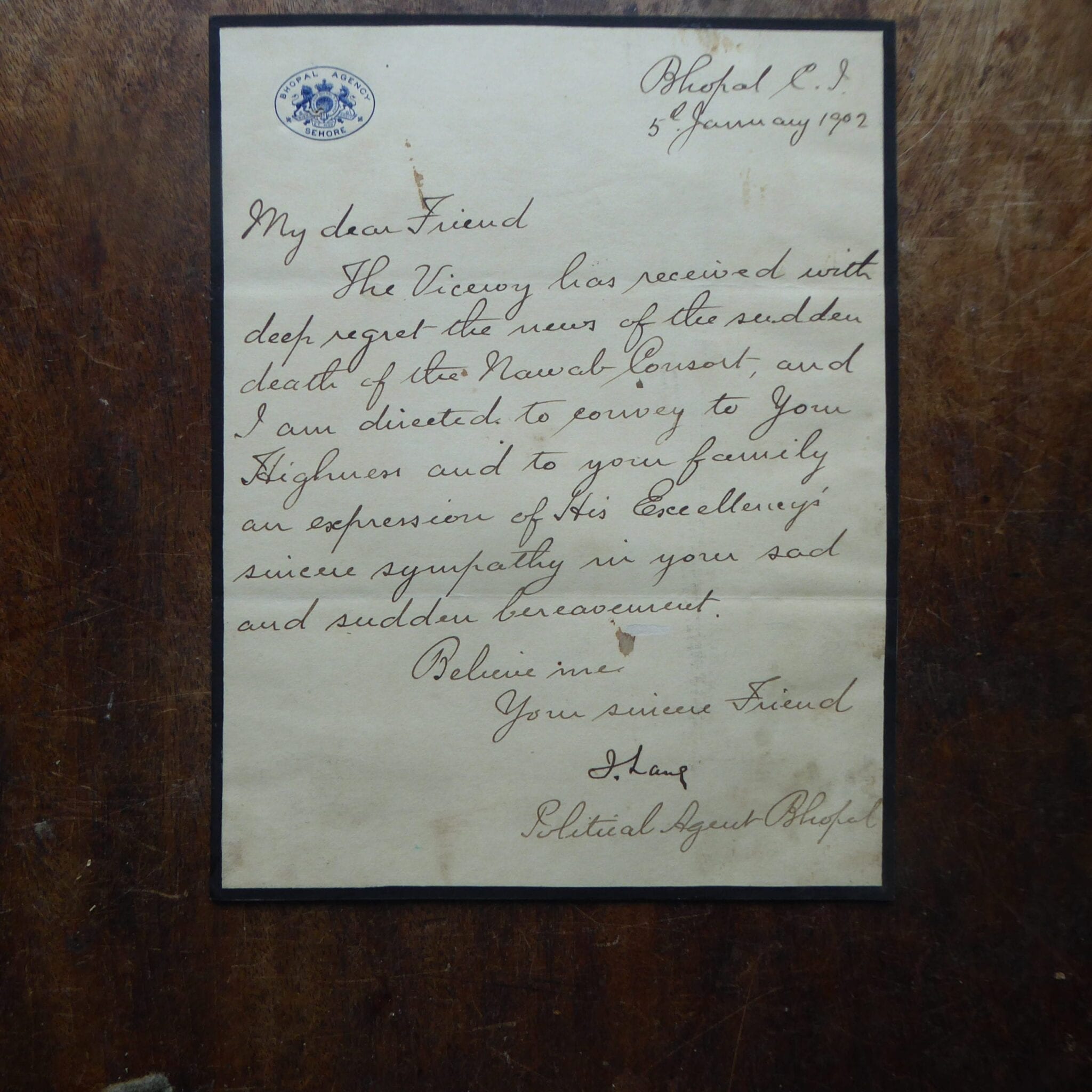 Lord Curzon S Condolences On The Death Of The Nawab Consort Of Bhopal 1902 Bates And Hindmarch